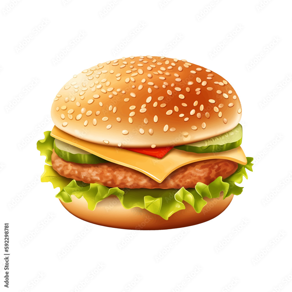 Wall mural chickenburger with salad, cheese, cucumbers icon/vector