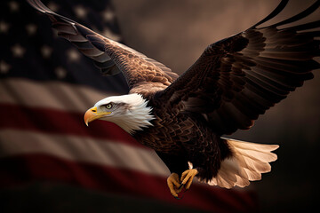Bald eagle soaring with American flags trailing behind in the sky