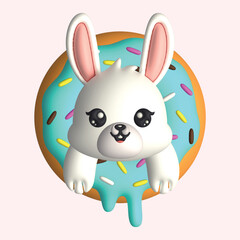 3D Render Happy Cute Rabbit Head with Donut (Vector)