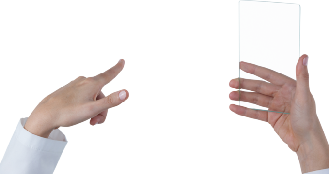 Hands of female doctor using digital screen while holding mobile phone