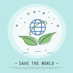 Save the planet vector illustration. Modern flat thin line icon design. Earth or world day concept. Leaf holding earth.