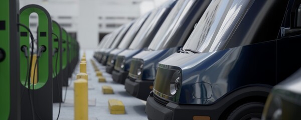 CU shot of fleet modern electric EV delivery vans standing in company parking garage near charging stations. Realistic 3d rendering