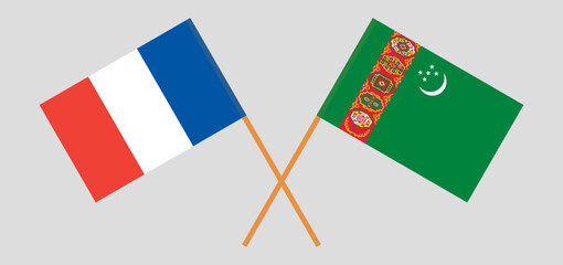 Crossed flags of France and Turkmenistan. Official colors. Correct proportion