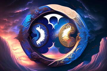 a legendary yin yang magic design made of carnival glass, fantasy sky background, hyper magic scene - generative ai