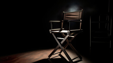 The director's chair stands in a beam of light with an backlight. Free chair. Concept of selection and casting. Shadow and light.