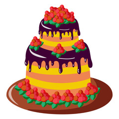 Birthday cake with red raspberries on white bakground.  Cartoon vector illustration for greeting card, print, poster.