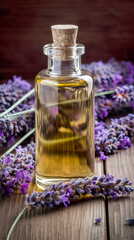 Obraz na płótnie Canvas Lavender essential oil with lavender flowers on a rustic wooden background with copyspace. A glass bottle with a cork with buds infusing