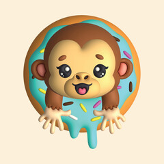 3D Render Happy Cute Monkey Head with Donut (Vector)