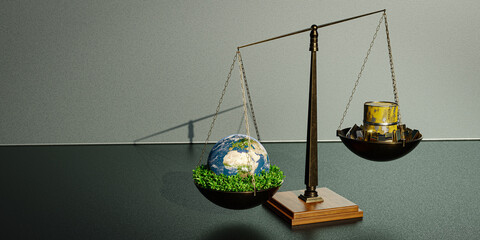 the earth, gold and oil on a scale - 3D Illustration