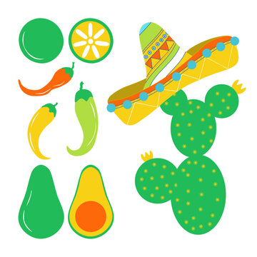 Set of vector illustration: sombrero, cactus , lime, chilli pepper and avocado. Festive isolated objects for Mexican national holiday and cuisine decoration