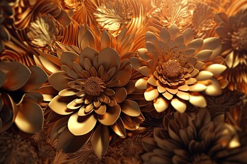 Fototapeta na wymiar Luxurious Golden Floral Background: A Textured Three-Dimensional Abstract Art of Vintage Autumn Beauty: Generative AI