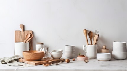 Fototapeta na wymiar Vintage Home Kitchen: Rolling Pin, Cutboard, Bowls, & More on a White Wall Background, Generative AI