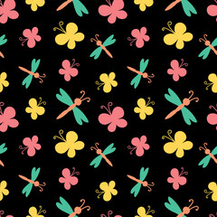 vector illustration seamless pattern of colored butterflies and dragonflies on black background
