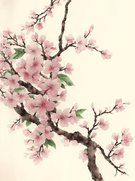 Branch of sakura blossoms, watercolor illustration. Generative AI