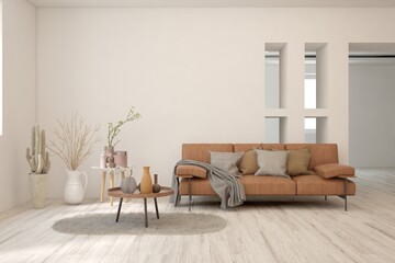 White living room with sofa. Scandinavian interior design. 3D illustration