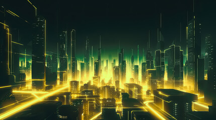 illuminated Yellow Neon Futuristic Metaverse Skyscraper city, for technology advertisement banner, Generative AI - 592300751