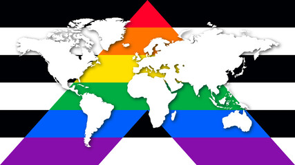 Illustration of Straight Ally pride flag with a world map