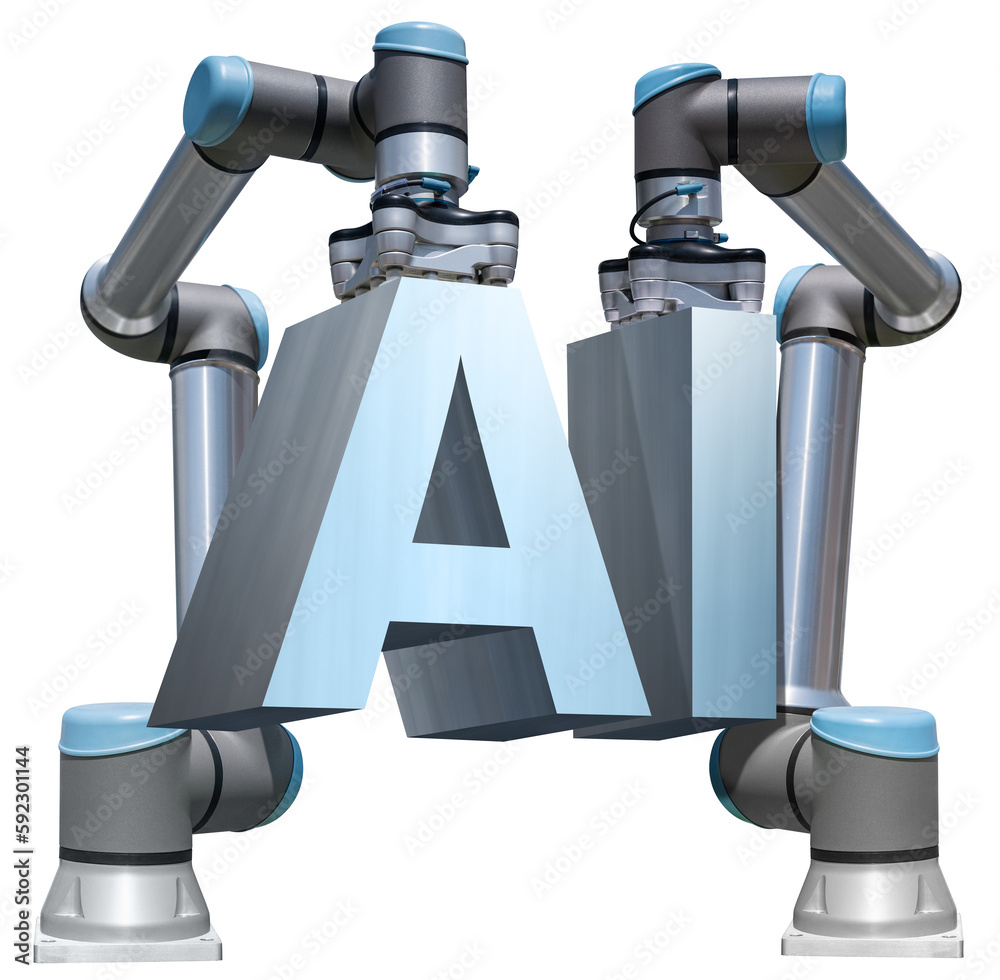 Poster Robots assemble the AI - symbol of artificial intelligence.