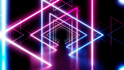 Obraz premium Neon Line Tunnel glowing Fluorescent light corridor stage 3D illustration background