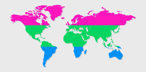 Polysexual pride flag in a shape of World map. Flag of gay, transgender, bisexual, lesbian etc. Pride concept