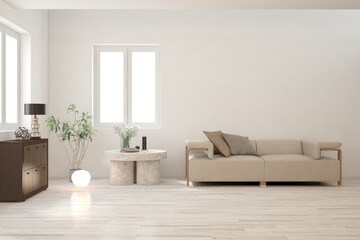 White living room with sofa. Scandinavian interior design. 3D illustration