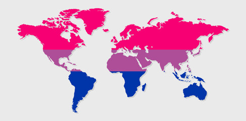 Obraz premium Bisexual pride flag in a shape of World map. Flag of gay, transgender, bisexual, lesbian etc. Pride concept
