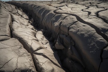 close-up of a fault line, with visible cracks and crevices, created with generative ai