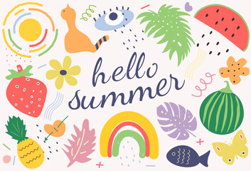 Hello summer, Summer elements and illustrations in vibrant bright colors. Vector illustration