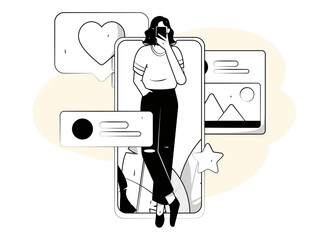 Virtual characters social communication concept business flat vector hand drawn illustration
