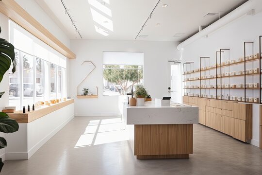 a bright and airy cannabis dispensary, with natural light and a minimalist design, created with generative ai