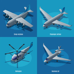 Aircraft different types 2X2, cargo airplane, passenger aircraft, helicopter, business jet, illustration isometric icons on isolated background