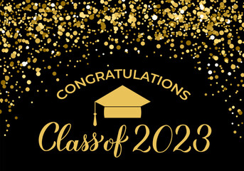 Class of 2023 banner. Gold confetti graduation party or prom decorations. Congratulations to graduates typography poster.  Vector illustration © Vera