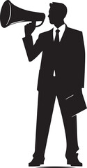 Obraz premium Business man speaking trough megaphone speaker vector silhouette black vector illustration on a white background, SVG