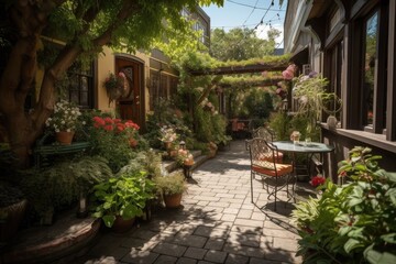 Fototapeta na wymiar sunny patio surrounded by blooming flowers and lush greenery, created with generative ai