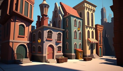AI Generated. AI Generative. City urban scene in 3d Blender mode. Cartoon kids style. Can be used for design or home decoration. Graphic Art Illustration.