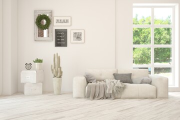 Bright interior design with modern furniture and summer landscape in window. 3D illustration