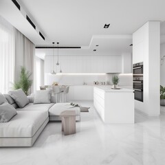 White living room and kitchen interior, generative AI 
