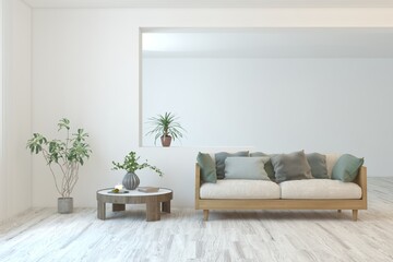 White living room with sofa. Scandinavian interior design. 3D illustration