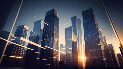 Tall buildings at sunset, generative AI