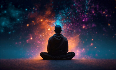 Naklejka na ściany i meble Buddhist monk observing the universe sitting in lotus position to do meditate, galaxy and stars fantasy background