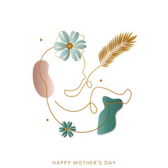 Happy Mothers Day greeting card design with botanical flowers and leaf and pastel colored abstract pattern with one line art baby.