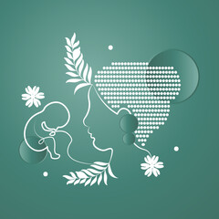 Abstract minimalistic mother and baby one line art on floral pastel color background for Mothers Day card.