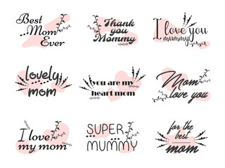 Happy Mothers day minimalistic collection of typography badges, emblem, logo and lettering creatives.