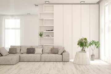 White modern interior design with sofa. Scandinavian interior design. 3D illustration
