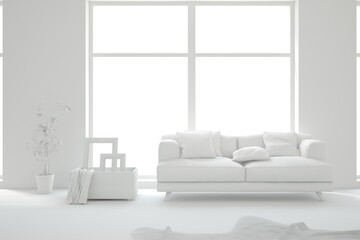 White living room concept with sofa. 3D illustration