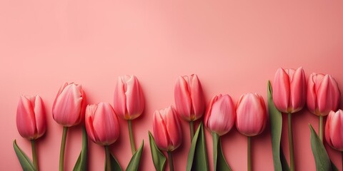 Pink background with pale rose tulips and lots of copy space, generative ai