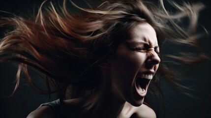 Woman in agony screaming aggressively. Mental health awareness month poster generative ai
