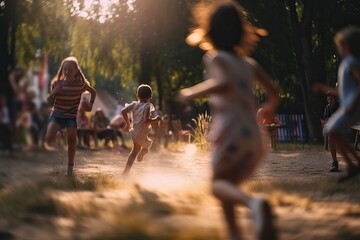Active happy children running outdoors, generative ai