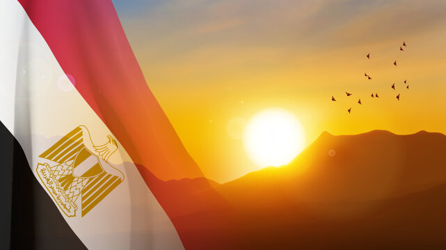 Egypt flag on background of mountains against the sunset. Patriotic background. EPS10 vector