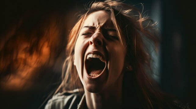 Woman in agony screaming aggressively. Mental health awareness month poster generative ai